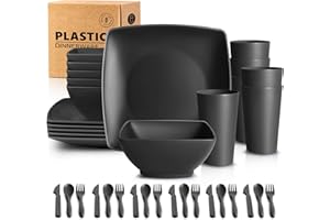 Teivio 18-Piece Square Plastic Plates Bowls and Cup Set with Cutlery, Kitchen Dinner Set Service for 6, Dinner Plate/Bowl/20 oz Cup/Knife/Fork/Spoon, Unbreakable Outdoor Camping Dishes, Black