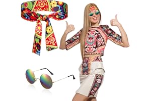 Fiada 2 Pezzi Accessori Hippie da Donna Fascia per Capelli Occhiali da Sole Hippie Fascia Hippie Colorata Accessori per Costume di Halloween Carnevale Discoteca Festa Estiva Anni '60 '70