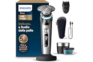 Philips Shaver i9000 Prestige, rasoio elettrico Wet & Dry, tecnologia Skin IQ, triplo sistema di sollevamento e taglio, doppie lame in acciaio di precisione 360°, styler per barba, modello XP9204/33