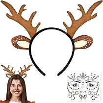 2 Stück Rentier-Geweih Haarreif Mit Ohren & Hirsch-Tattoo – Für Karneval, Weihnachten, Kostümparty, Cosplay