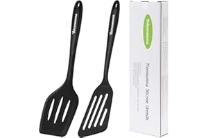 THIMMAMMA Silicone Spatula, 2 Pack Heat Resistant Slotted Spatula Set Kitchen Turner BPA Free, Non Stick Flexible Large Black Silicone Spatula for Cooking Flipping Pressing Fish Eggs Pancakes