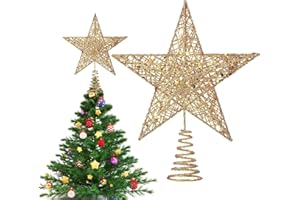 YEAPEAK Estrella Punta Metal para El Árbol - Estrella De Navidad Dorada, Árbol De Navidad Estrella, Estrella De Navidad Brillante, Decoración del Árbol De Navidad - 24cm Estrella De Abeto Navideña