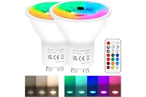 REYLAX Bombillas LED Colores GU10 de 5W, RGB Blanco Cálido Regulable Bombilla con Mando a Distancia, Focos LED RGBW 12 Colore, AC 85-265V, Función de Memoria y Sincronización (paquete de 2)