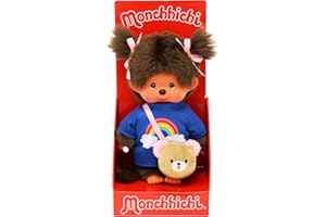 Sekiguchi 233724 - Original Monchhichi Mädchen, Regenbogen T- Shirt mit Tasche und Schleifen, ca. 20 cm großes Kuscheltier aus braunem Plüsch, Kuriertasche