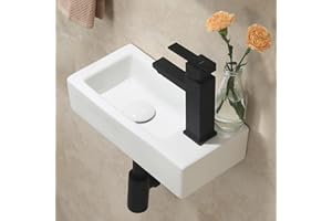 HOROW Lavabo suspendu pour petite salle de bain, WC d'invités, mini lavabo mural, rectangulaire, avec trou pour robinetterie à droite, blanc, 37 x 18 x 9 cm BTH, sans bonde
