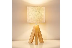 HesenDot Bedside Table Lamp, Wood Tripod 3 Way Dimmable Nightstand Lamp,Beige Linen Fabric Lampshade, Small Bedroom Lamp for Nursery Kids Room College Dorm Living Room Office,1 LED Bulb Included