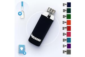 Velesas® Trinkflasche 1l | 500ml mit Schutzhülle | Glasflasche 500ml spülmaschinenfest mit Neoprenhülle und Edelstahldeckel | Wasserflasche für Schule, Arbeit, Fitnesssport, BPA-Frei | Schwarz