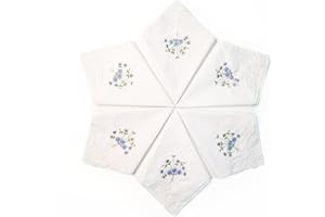 LULUSILK 6 Damen Stoff Taschentücher 100% Baumwolle mit Blau Blumen Stickereien und Spitze Schmetterling Kante