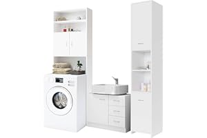 Casaria® Set Mobili Bagno 3 Pezzi Arredamento Toilette Bianco Mobile Alto Mobile Sottolavabo in Legno Mobile Lavatrice Armadietti Mobiletto Colonna