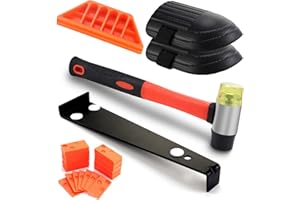 Moendergo Zestaw do montażu podłóg z drewna laminowanego, narzędzia do podłóg winylowych z 60 elementami dystansowymi, wytrzymały drążek do ciągnięcia, trwały blok gwintowany z litej gumy, antypoślizgowy miękki uchwyt, dwustronny młotek, piankowe ochraniacze na kolana