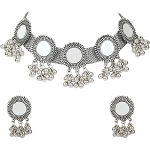 Shining Diva Fashion Latest Stylish Fancy Oxidised Silver Tribal Choker Necklace Jewellery Set for Women (12162s)