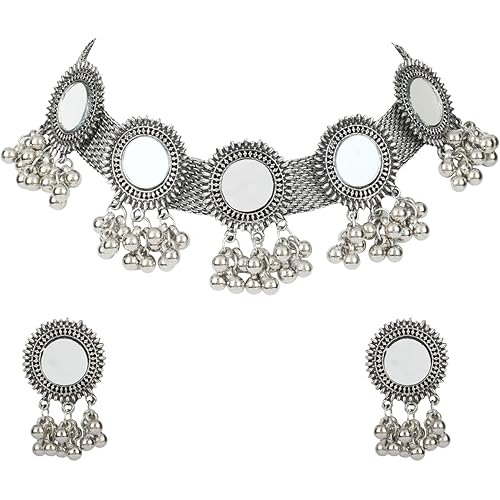 Shining Diva Fashion Latest Stylish Fancy Oxidised Silver Tribal Choker Necklace Jewellery Set for Women (12162s)