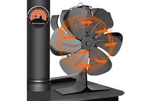 XUEMUO Ventilador de chimenea, ventilador de estufa de leña alimentado por calor de 6 aspas para estufa de leña, estufa de gas y estufa de pellets, viene con termómetro de chimenea