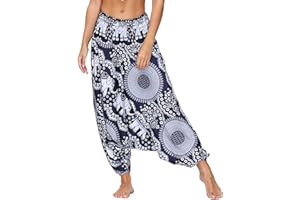 Nuofengkudu Damskie spodnie haremki hippisowskie workowate boho wzorzysty wysoka talia z talią niski krocz salon szerokie spodnie na jogę lato plaża