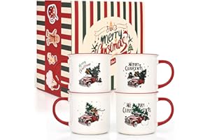 Joymaking Zestaw 4 kubków na Boże Narodzenie, z czerwoną ciężarówką i choinką, kubki na urlop, z świątecznym wzorem, prezenty bożonarodzeniowe dla rodziny, przyjaciół, 370 ml