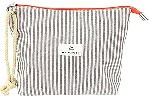 MY WANDER Neceser Mujer de Tela para Maquillaje y Viajes - Bolsa de Aseo Plegable con Forro Impermeable - Bolso de Mano con Cremallera Fluor y Cordón - 20x28x6cm - Fabricado en España (Rayas Verde)