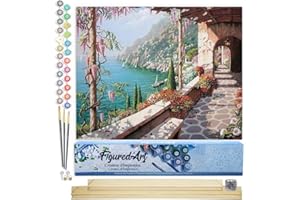 Figured'Art Dipingere con i Numeri - Paint by Numbers Vista Mare Dal Patio, Passatempo per Adulti, Kit Completo, Hobby Creativi - 40x50cm cornice in legno fai da te