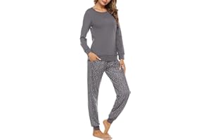Litherday Pijama Mujer Invierno Algodón Conjunto de Pijama Sexy para Mujer Manga Larga Talla Grande Suave Ropa de Dormir para Mujer Pantalones Largo con Bolsillos y Cordón S-XXL