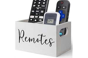 VACONICO Wooden Remote Control Holder With 2 Compartments - TV Storage Box Organizer Caddy for Table, Bedside, Couch - White