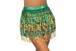 Flovel Jupe de Danse du Ventre pour Femmes, Jupes à Paillettes Scintillantes, Echarpe à Franges, Jupe Portefeuille de Fête, Costume Rave