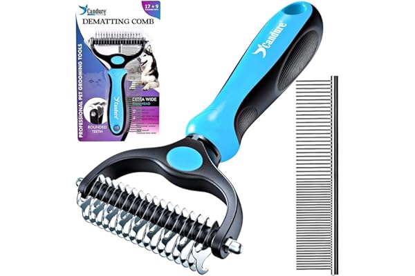 Candure Brosse Chien et Chat Professionnel Brosse Chien Poil Long Toilettage du Chien Râteau Dents à Double Face 17+9 Élimine Les Nœuds, Les Tapis et Les Cheveux Emmêlé (Azul)
