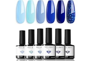Modelones Gel Nail Polish Set, 6 Colors Blue Gel Polish Royal Sky Blue Glitter Navy Blue Nail Polish Ocean Blue Varnish Kit Soak Off Nail Art Manicure DIY Salon for Women