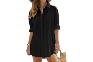 Vancavoo Women's Beach Cover Up Shirts Bikini Coverups Swimsuit Beach Dress Cotton Button Down Casual Long Sleeve Beachwear Loose Cardigan Blouse Tops Swimwear