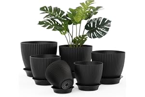 JOJOSEE 6 Pack Plant Pots Indoor, Flower Pot with Drainage Holes and Tray, Plastic Planter for House (Black, 6 Pack)