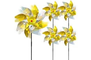 MUUGIY Reflective Bird Repellent Windmill,Sparkly Pinwheel, Reflective pigeon deterrent Spinner bird scarers Repellent PinWheels,Keep Birds Away From Lawn,Garden,orchard,Farm (5PCS-golden silver)