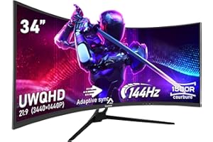 Gawfolk Écran PC Ultra Large 34 Pouces 1500R incurvé 144Hz Gaming Computer Moniteur,21:9 UWQHD(3440x1440),Adaptive Sync，HDR，178 ° Angle Vue，DisplayPort、HDMI，VESA 75 * 75MM-Noir