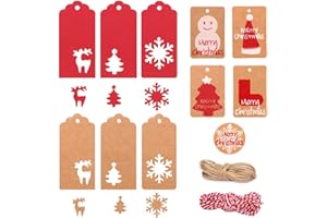 Tag Regalo di Natale,MonQi 220pcs Etichette di Carta Kraft di Natale con 20m Spago d Luta e 10m di Filo Rosso,Etichette Regalo Natale,Etichette Natalizie,Etichette Natale Carta(11 stili Motivi Natale)
