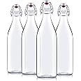 Bormioli Rocco Giara Swing Top Bottles 33 ¾ Ounce/1 Liter (4 Pack) ROUND Clear Glass Grolsch Flip Top Bottle With Stopper, for Beverages, Smoothies, Kefir, Beer, Soda, Juicing, Kombucha, Water, Milk, Oil and Vinegar, set of 4