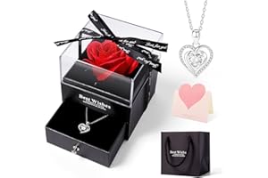 DONGQI Handgefertigte konservierte Rosen schmuck-Geschenk Box mit Herz Halskette und Grußkarte, Ewige Rose Geschenke für Valentinstag Muttertag Hochzeit Thanksgiving Jahrestag Geburtstag, Geschenk für Frau