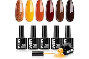 ‎MEFA MEFA UV Nagellack Braun Glitzer 6 Farben Orange Gelb Farben 7 ML Soak Off UV LED Gel Nagellack Schellack Set für Gelnägel Nail Art Kit Maniküre Nageldesign Nägel Selber Machen