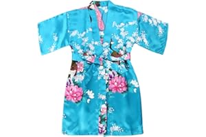 FAYBOX BRIDAL Girls' Satin Kimono Robe - Peacock and Blossoms Bathrobes Dressing Gown for Spa Wedding Birthday