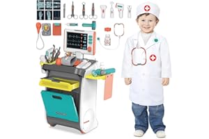 deAO Valigetta Dottore Bambini, Carrello Medico Giocattolo, Kit Dottoressa Bambina con Camice da Medico, Stetoscopio, Simulazione Dottore Accessori, Gioco di Ruolo Regalo per Ragazze Ragazzi (Blu)