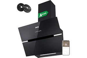 Ciarra CBCB6736F Classe A+++ Hotte Aspirante Inclinée 60cm - 650m³/h - Commande Tactile & Wi-Fi - Fonction Boost - Design en Verre Élégant - Noir