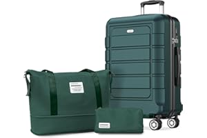 SHOWKOO Valise Moyenne Rigide Légère 67cm PC+ABS Extensible Durable Valise Soute Trolley Voyage avec Trousse de Toilette et Sacs de Voyage, Verte