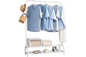 WEASHUME Kleiderständer, Garderobenständer Stabil Kleiderstange mit 6 Haken und 2 Unterer Ablage, Freistehender Kleiderbügel Schlafzimmer Kleiderständer, Weiß