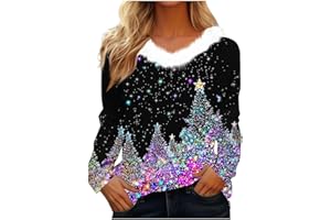 PAIDAXING Christmas Tops for Women UK Fashion Sparkly Christmas Tree Printed Jumpers Plush Fur Collar V Neck Pullover Sweatshirt Ladies Casual Long Sleeve Shirts Tops Fahion Xmas Clothes Outfits