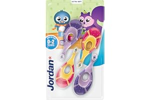 JORDAN* Jordan ® | Step 1 | Cepillo de dientes para bebé 0-2 años | Original con cerdas extra suaves, anillo de mordida suave para encías y fácil agarre | Pack 4 Unidades | Rosa y morado