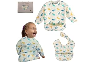 Belea - Baberos Bebe Impermeables - PACK 1 Babero con Mangas Impermeable + 1 Babero Impermeable sin Mangas - Babero BLW para Baby Led Weaning | Babero BLW | Fácil Limpieza | Regalo bebe 6 meses