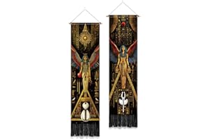 PLIGREAT Paquete de 2 tapices egipcios con borlas, arte de la diosa del antiguo Egipto para colgar en la pared, vertical, estrecho, civilización egipcia, tapiz de pared para dormitorio, sala de estar,