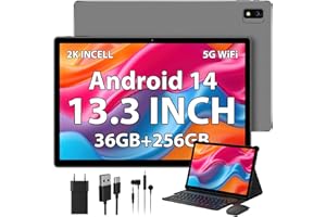 PIXPEAK 2K Tablet 13.3 Pulgadas & 5G WiFi, INCELL 2000 * 1200, 11580mAh, 36GB RAM, 256GB ROM (2TB Expansion), Android 14 Octa-Core 2.0GHz, 13MP+8MP, Tablet con Teclado/GPS/Bluet 5.0 (Gris)