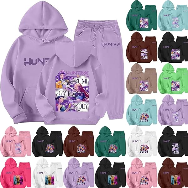 Survêtement Enfant 2 Pièces - Crop Hoodie + Pantalon Jogging - Imprimé Huntrix, Rose - 65% Coton, Confortable - Cadeau Fille, Taille 110 à 170 Cm - 8