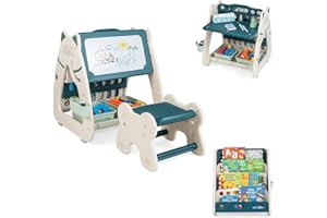LIFEZEAL Conjunto de Caballetes Magnética Infantil, Librería para niños, Escritorio con Pizarra magnética Silla, Adecuado 1-5 años (Verde)
