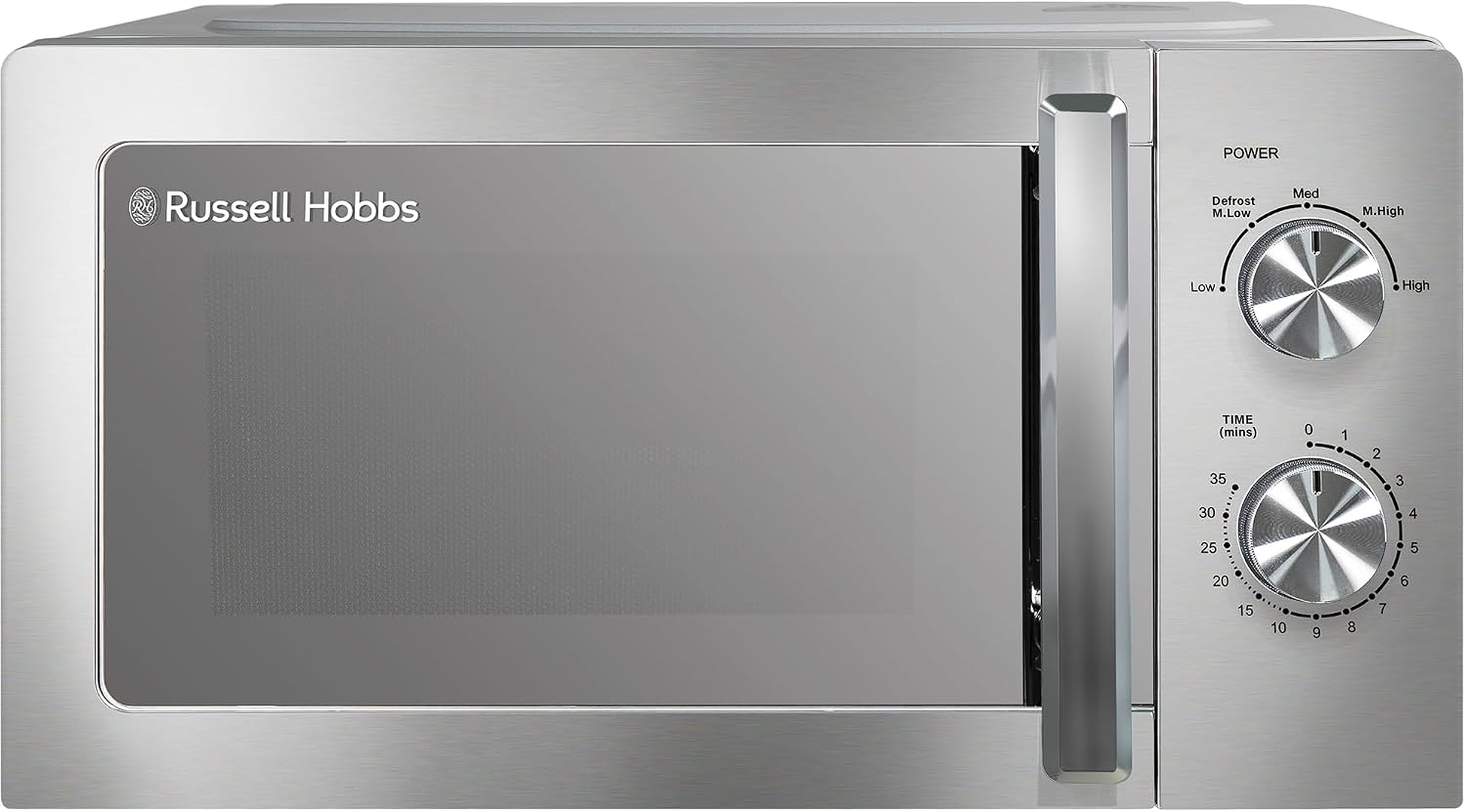 Russell Hobbs Stainless Steel Microwave 20 Litre 800W Solo Manual with 5 Power Levels, Defrost Function & Easy Clean, 35 Minute Timer, RHMM827SS