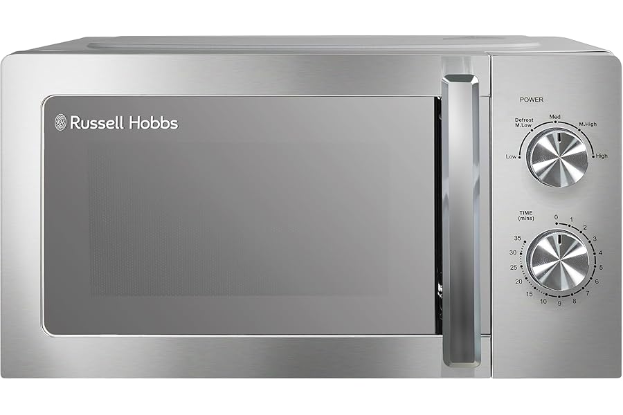 Russell Hobbs Stainless Steel Microwave 20 Litre 800W Solo Manual with 5 Power Levels, Defrost Function & Easy Clean, 35 Minute Timer, RHMM827SS
