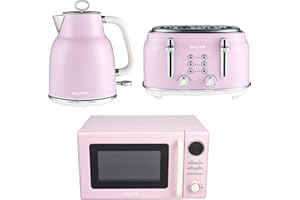 Salter Retro Pink Kettle, Toaster & Microwave Set – 1.7L Rapid Boil Kettle, 4-Slice Toaster, 6 Browning Levels, Safety Features, 20L Digital Microwave with 8 Auto Cook Presets, 25.5 cm Glass Turntable