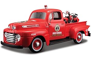 Maisto- 1:24 Scale Harley Davidson 1936 EL Knucklehead + 1948 Ford F-1 1/24 Pick-up Moto, 32191, Couleur : Rouge, 7inch